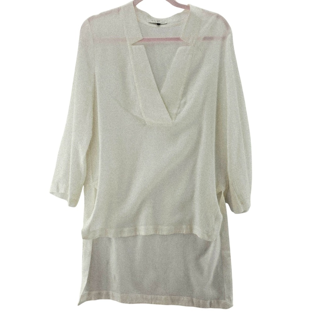 Halston Heritage Tunic Top Womens 8 White Sheer V Neck Blouse Lightweight Dressy